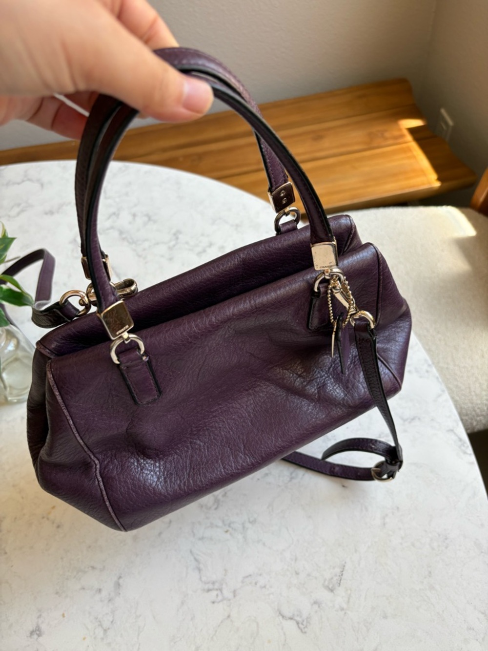 Coach Plum Leather Satchel Handbag - Elegant Purple Shoulder Bag - Picture 8 of 13